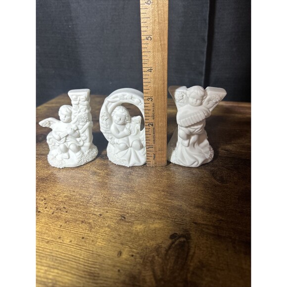 Christmas JOY Candle Holder Trio, Ceramic Bisque Cherub Angels Candleholder Set - Picture 12 of 15